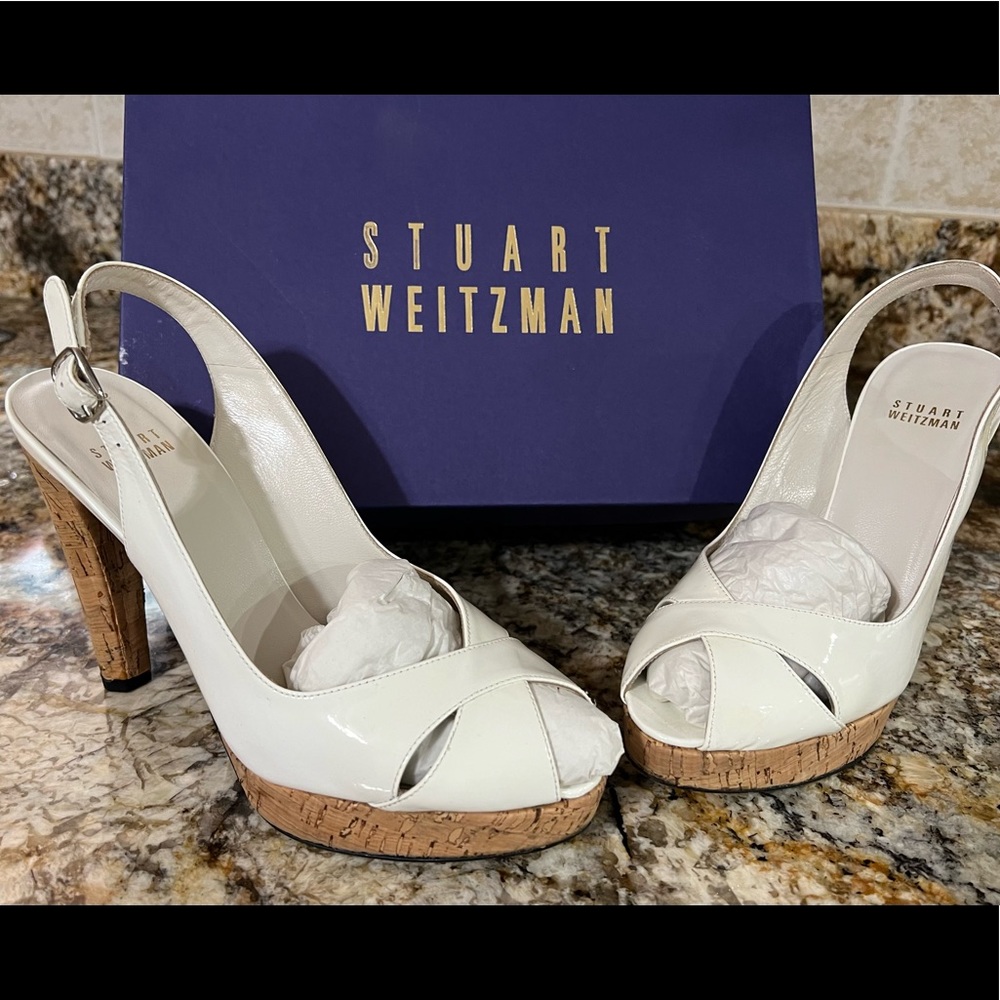 Stuart Weitzman White Leather Cork Platform Slingback Sandals